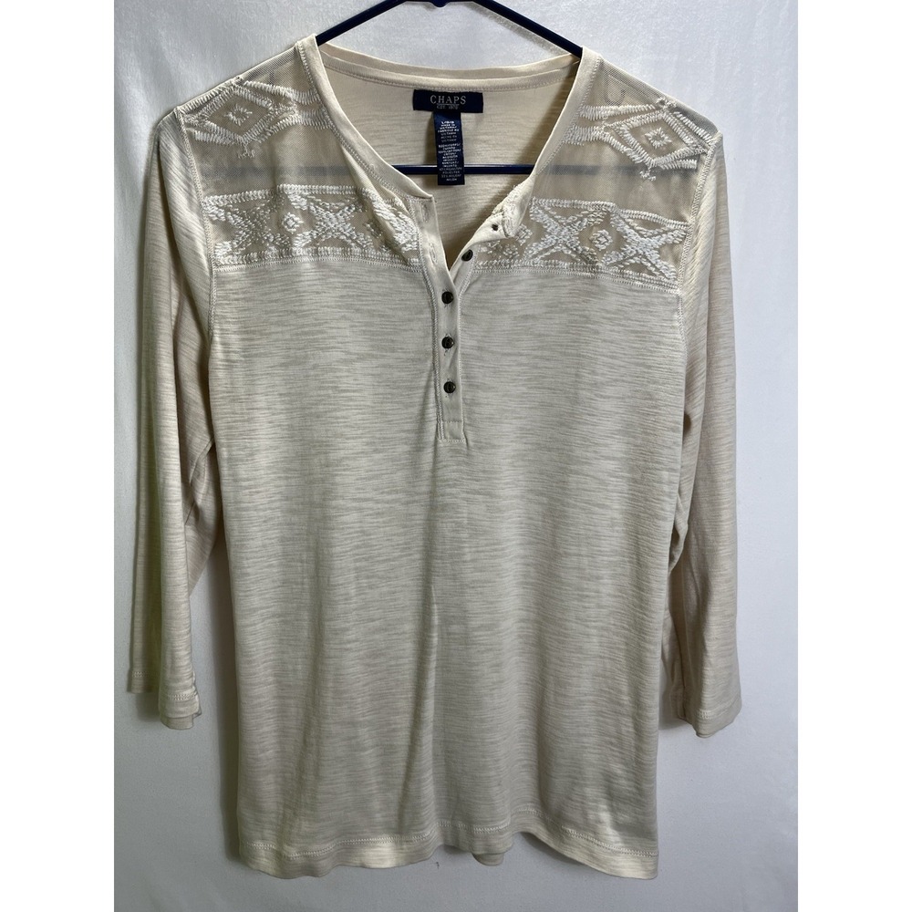 Chaps Women's Large Cream Henley Shirt Embroidered Mesh Shoulder Yolk Top NWOT